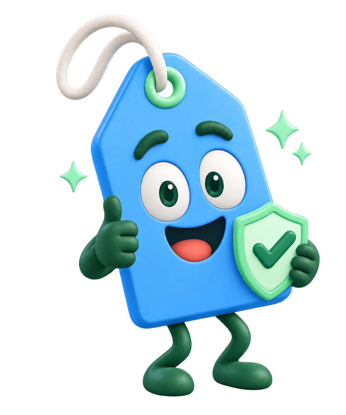 Pricey, the PriceSafe logo: a happy blue price tag with a green shield